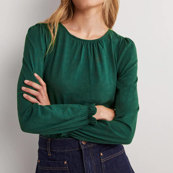 Boden Tops - Boden Blouson Cotton Crew Neck Top in Hunter Green